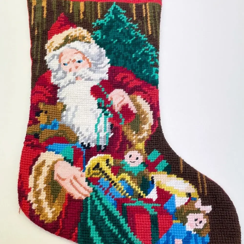 Vintage Needlepoint Wool Christmas Stocking Santa Bag of Toys